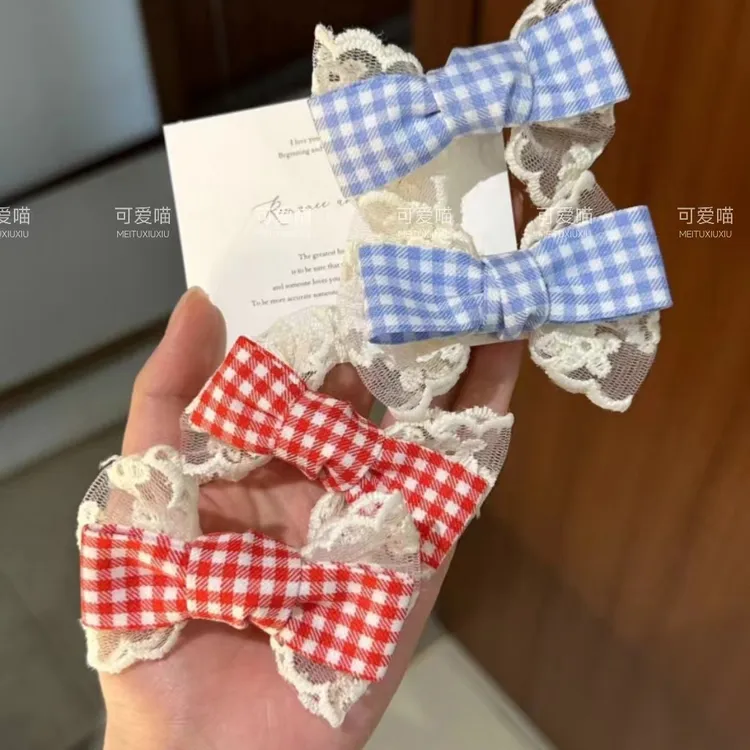 韩版布艺格纹蝴蝶结发夹简约蕾丝花边儿童发饰鸭嘴夹边夹网红发卡