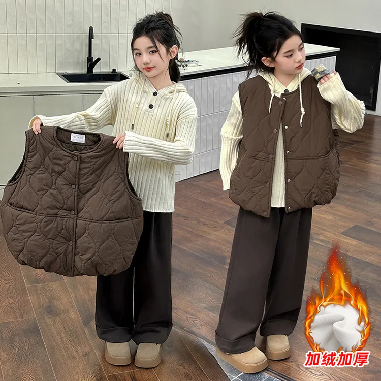 女童棉服套装秋冬装2025新款时尚儿童设计感洋气小棉衣马甲三件套