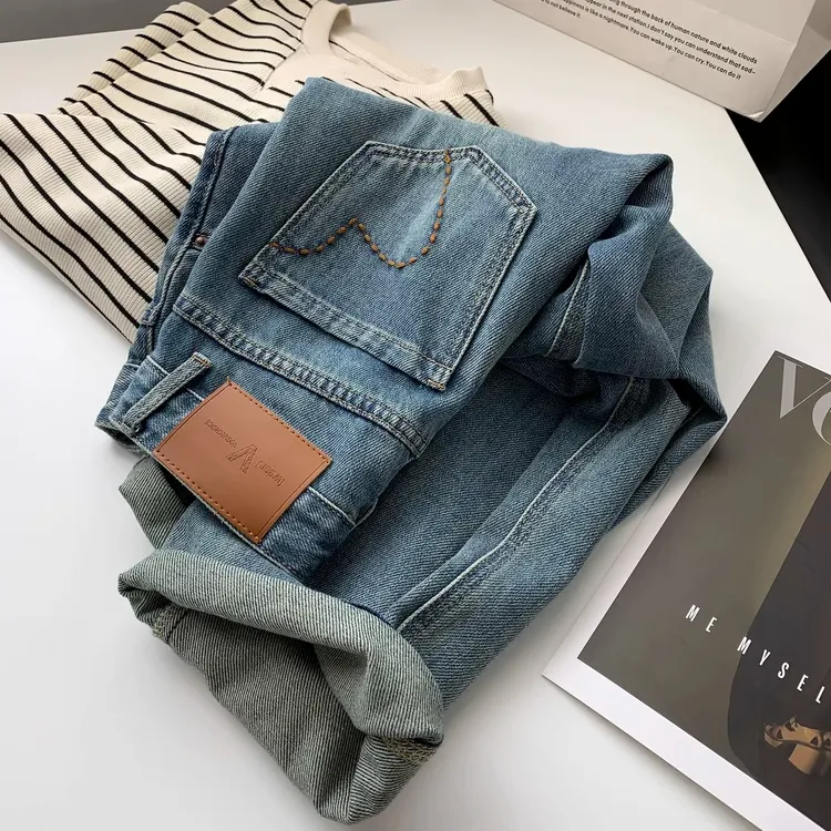 复古刺绣水洗软牛仔哈伦裤秋季宽松休闲百搭高腰显瘦弹力九分裤