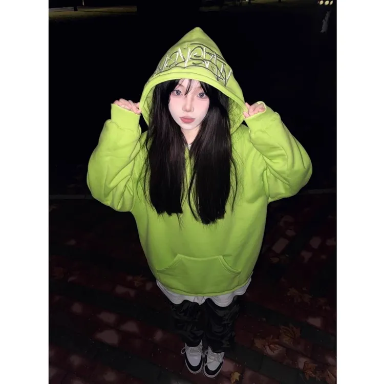 XQX潮牌美式oversize荧光绿外套男女刺绣秋冬慵懒风连帽加绒卫衣 