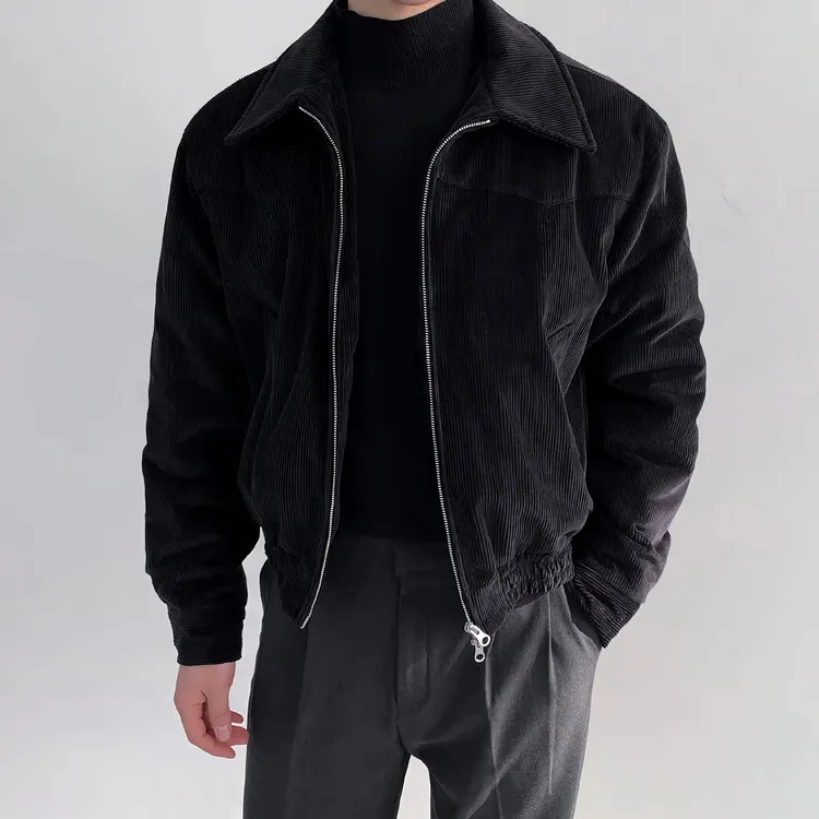 小香风早秋外套轻奢夹克男士休闲外套黑灯芯绒翻领短款双拉链外套
