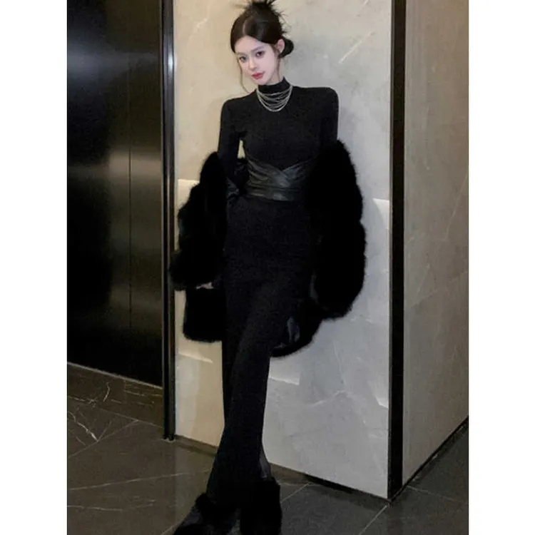 黑色赫本风长袖紧身性感包臀裙拼接收腰连衣裙时尚显身材鱼尾裙女