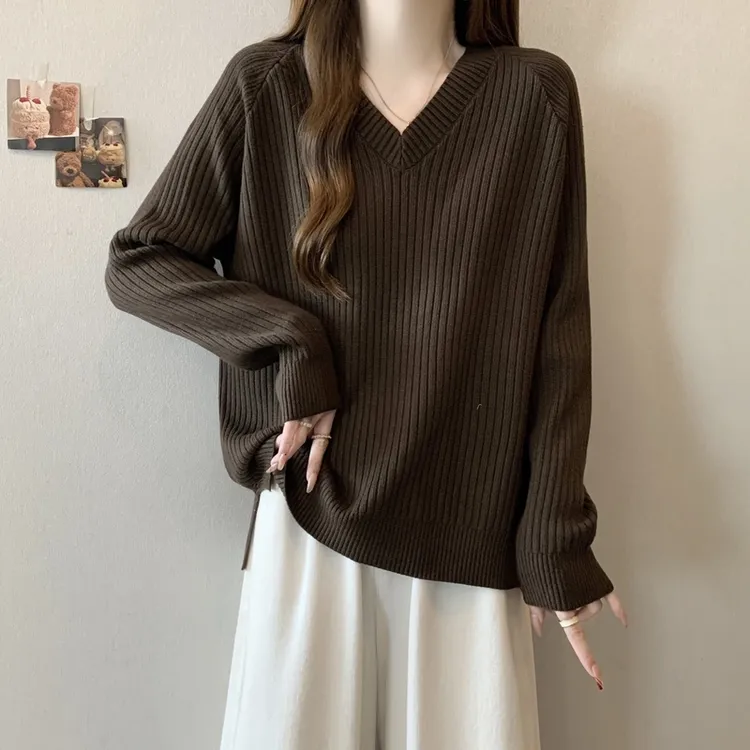 【80-180斤】V领纯色坑条毛衣女秋冬季遮肚显瘦百搭减龄打底衫上衣