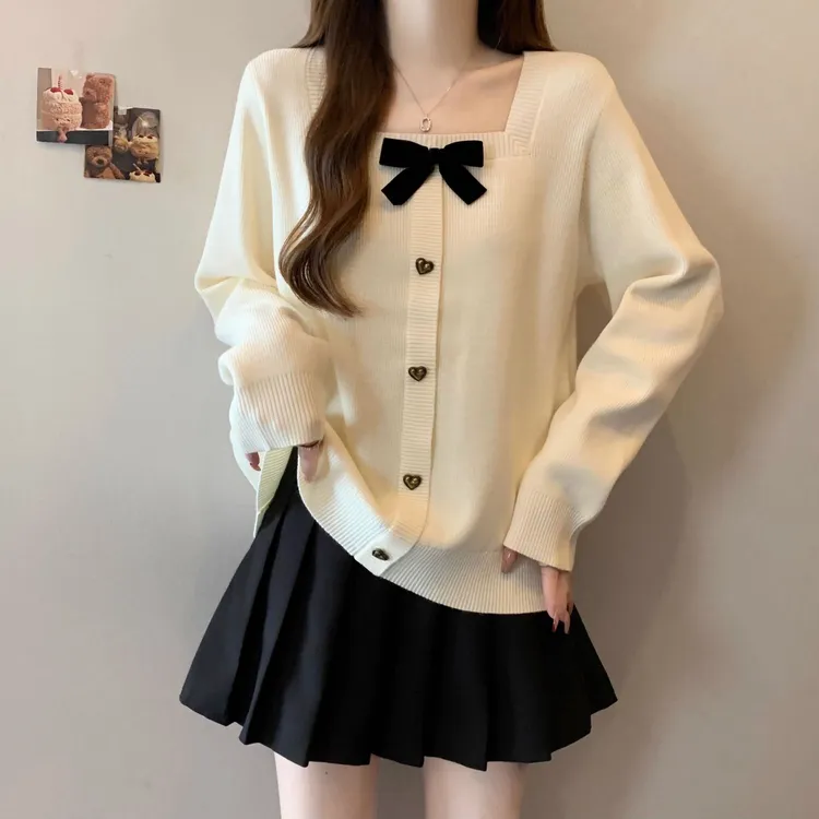【80-180斤】法式方领蝴蝶结针织毛衣女秋冬宽松显瘦减龄打底衫上衣