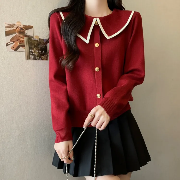 【80-180斤】娃娃领小香风上衣女秋冬宽松显瘦减龄薄款针织打底衫潮
