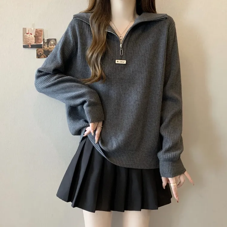 【80-180斤】拉链半高领坑条毛衣女秋冬新款宽松遮肚慵懒打底衫上衣