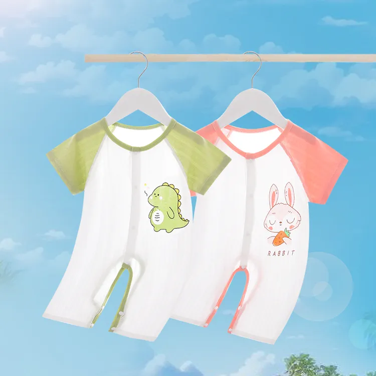 婴儿开裆连体衣夏季薄款短袖新生儿衣服睡衣男女宝宝夏装爬服哈衣