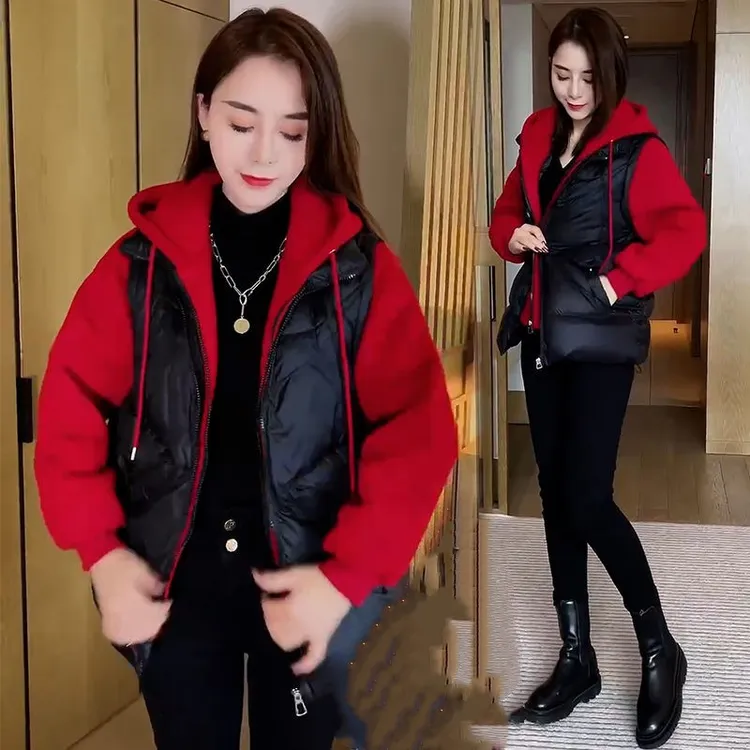 时尚假两件加绒加厚显瘦棉服女冬季新款撞色洋气拼接连帽保暖棉衣