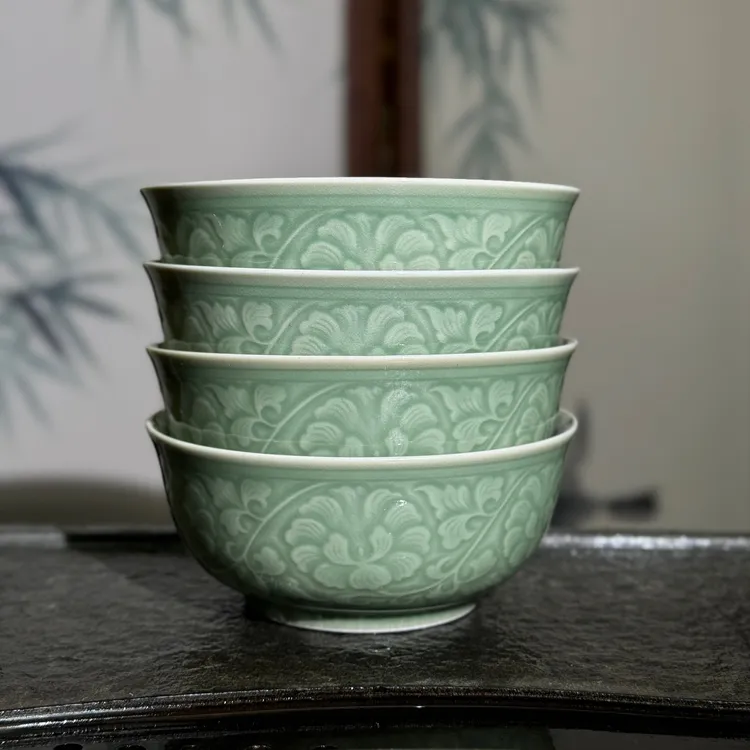 【长安知己】5.5英寸缠枝牡丹纹米饭面碗4只耀州窑天青秘色青瓷饭碗