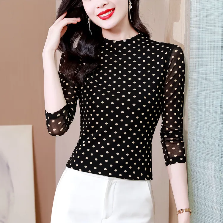 气质时尚半高领长袖打底衫洋气波点印花小衫显瘦上衣女经典百搭T