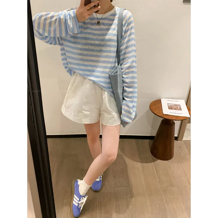 蓝色条纹长袖冰丝防晒T恤女夏季小个子宽松外搭薄款空调罩衫上衣
