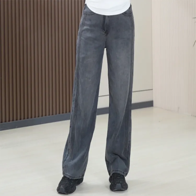 水洗修容拖地裤莱赛尔软牛仔裤轻薄宽松大码遮胯做旧直筒阔腿裤女