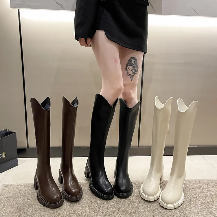 黑色高跟靴子长筒靴女小个子春秋女鞋百搭V口粗跟显瘦高筒骑士靴