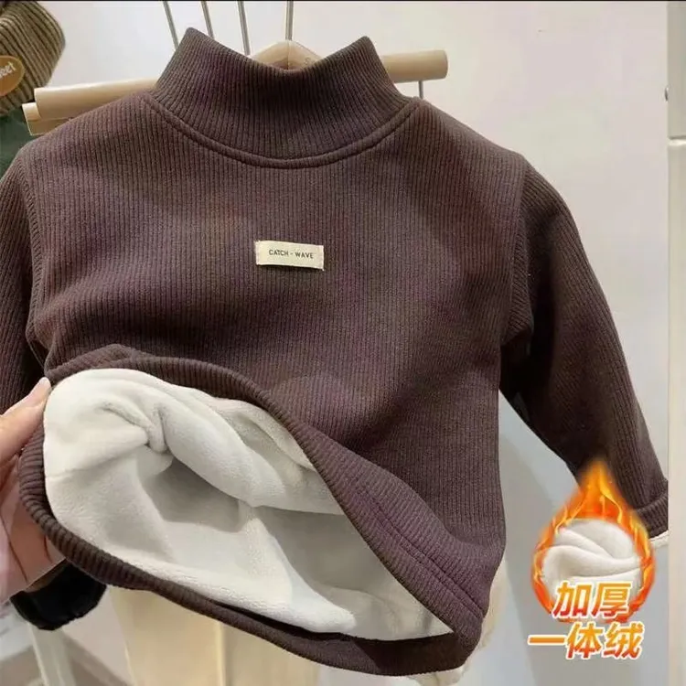 新款儿童加绒保暖上衣男童女童半高领百搭长袖打底衫宝宝秋冬加厚