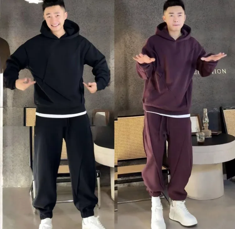 秋季新款掐褶休闲套装男潮流宽松运动服两件套纯色连帽卫衣重磅
