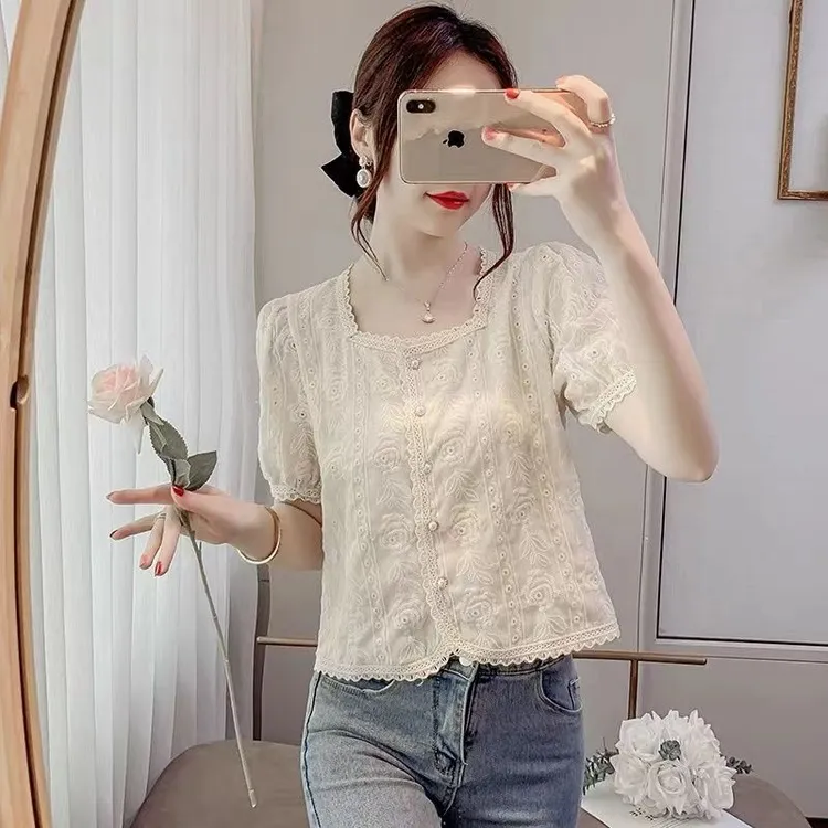 法式方领衬衫女2024夏新款泡泡袖花边上衣设计感小众衬衣
