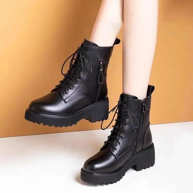 马丁靴女软皮厚底英伦风2025秋冬季新款粗跟高跟短靴女冬款棉靴子