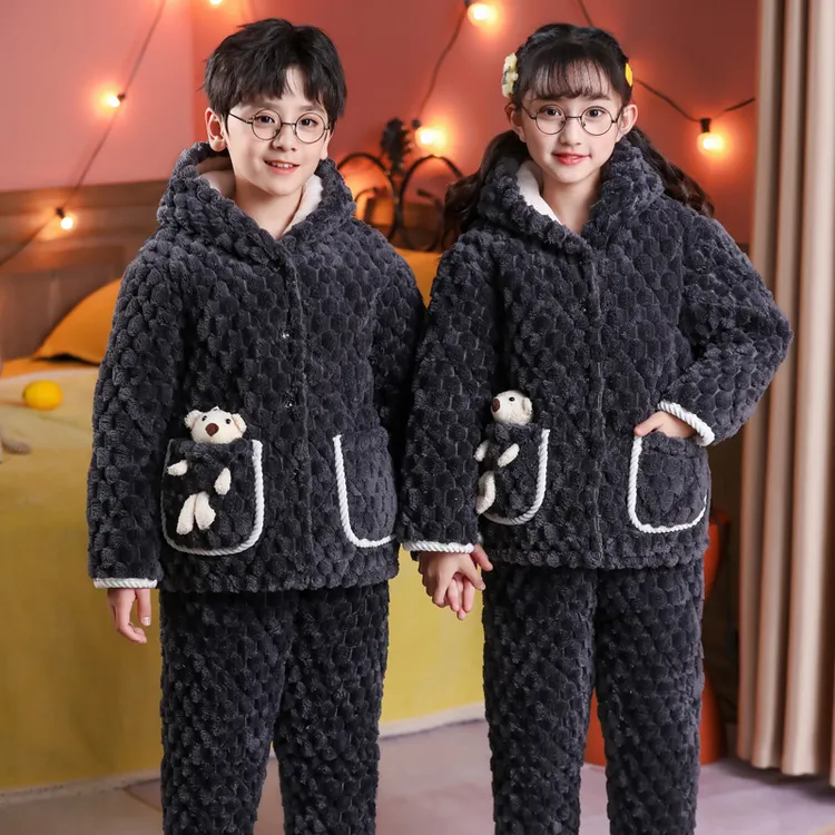 儿童三层夹棉加厚款睡衣男孩法兰绒2024冬季珊瑚绒女童家居服套装