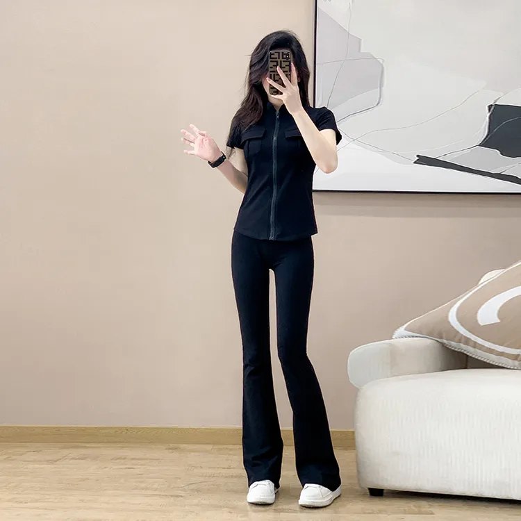 2025夏季新款女装显瘦高腰时尚休闲运动套装女夏季黑色长裤两件套