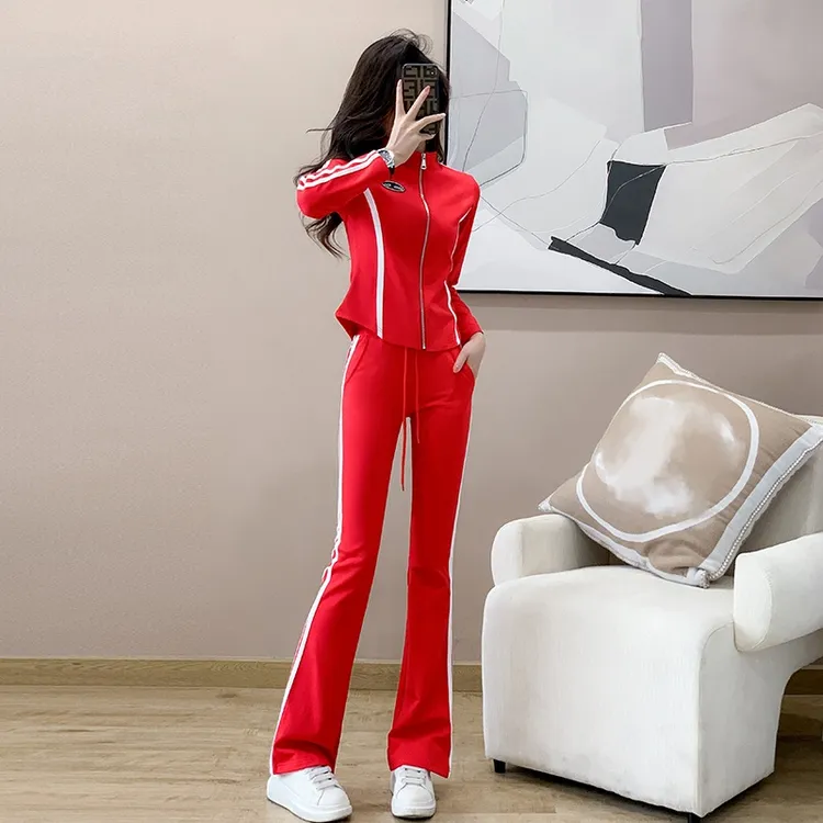 红色休闲运动套装女春秋显瘦气质长袖时髦洋气健身撞色修身两件套