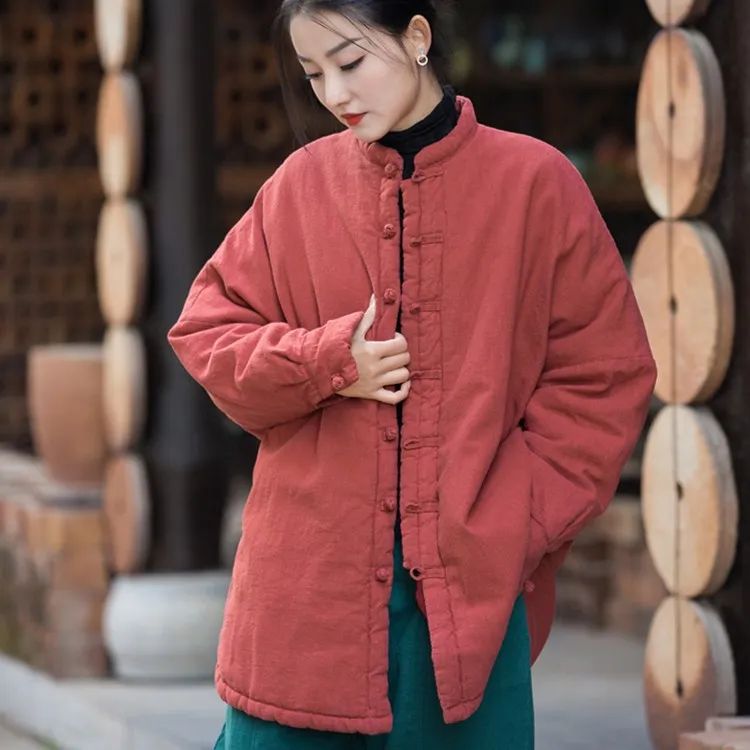冬长款文艺冬季苎麻棉砂洗做旧棉衣禅系夹棉立领外套加厚盘扣棉服