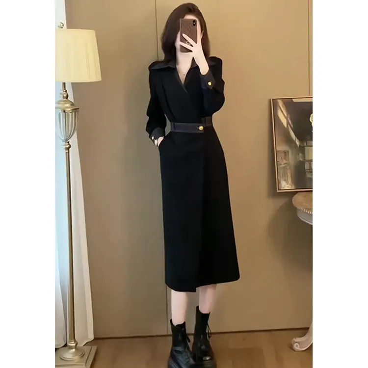 春秋法式气质长裙高端御姐风收腰显瘦长袖连衣裙子女高级感小黑裙