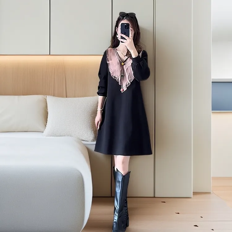 大码法式黑色连衣裙春2025新款女装a字裙子洋气减龄显瘦中长裙子
