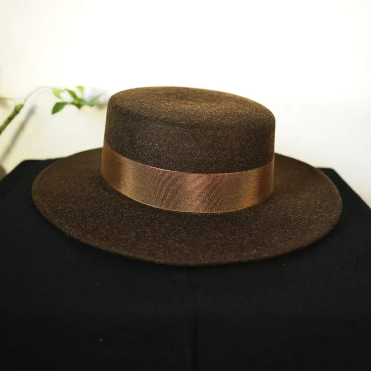 英伦复古棕色平顶礼帽男女秋冬羊毛呢毛毡法式宽檐百搭黑色咖色帽