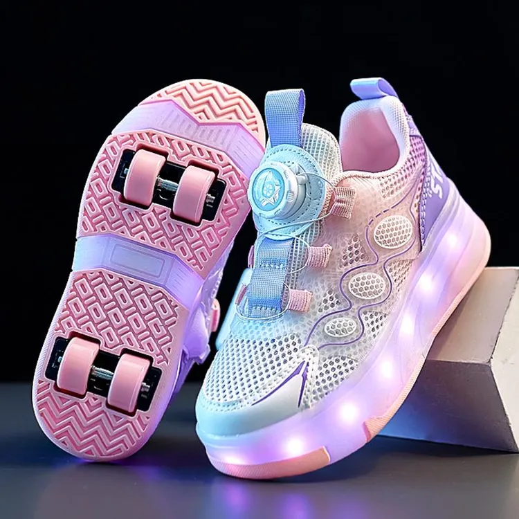 双轮暴走鞋夏季儿童网面透气滑轮鞋女孩高颜值运动溜冰鞋亮灯