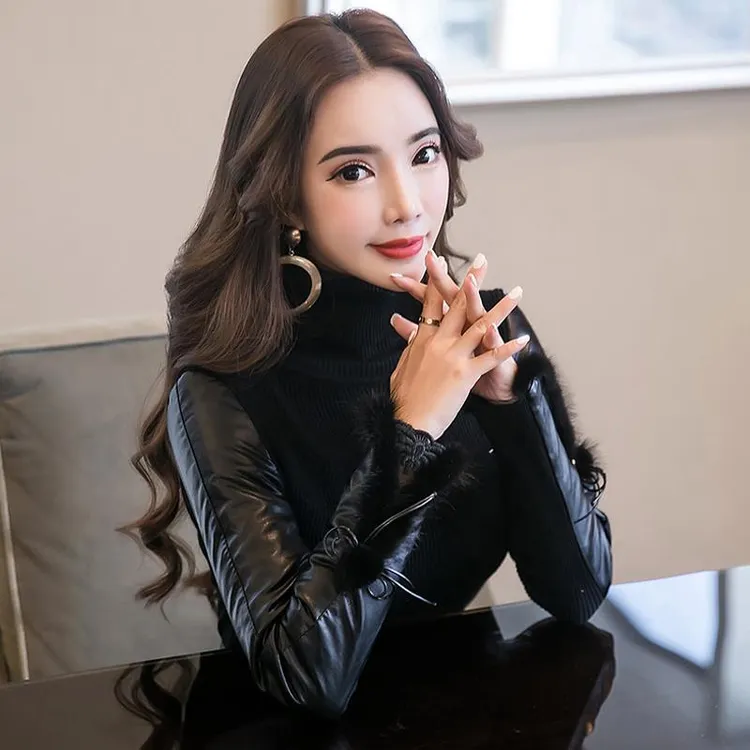 加绒加厚皮袖打底衫女秋冬针织修身显瘦保暖毛衣裙配皮草马甲上衣