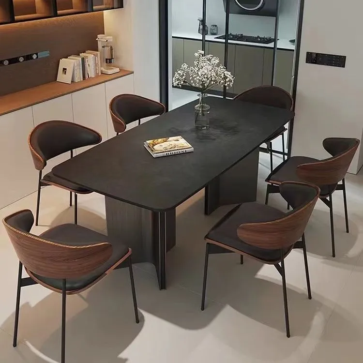意式简约现代黑色岩板轻奢餐桌餐桌椅组合长方形复古小户型家用