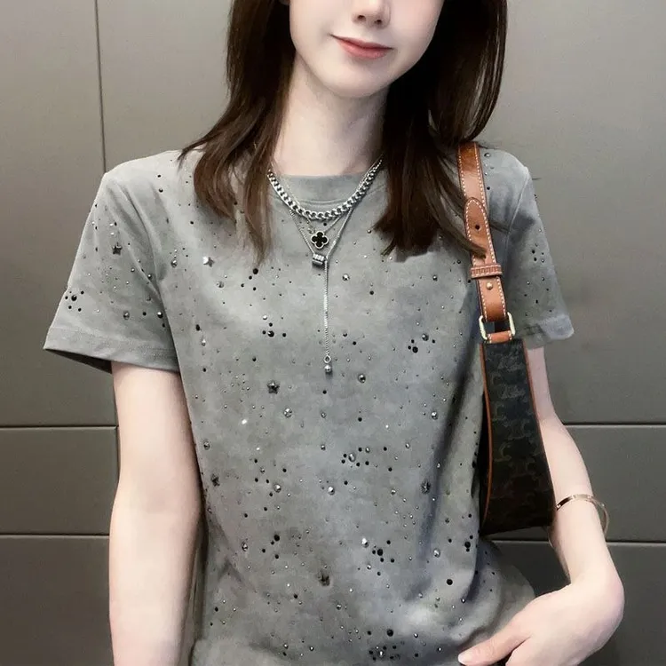 纯棉短袖t恤女2025夏季新款韩版重工满天星烫钻时尚休闲百搭上衣