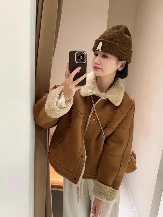 皮毛一体美拉德短外套女秋冬棉服高级感韩系宽松仿羊羔毛加厚上衣