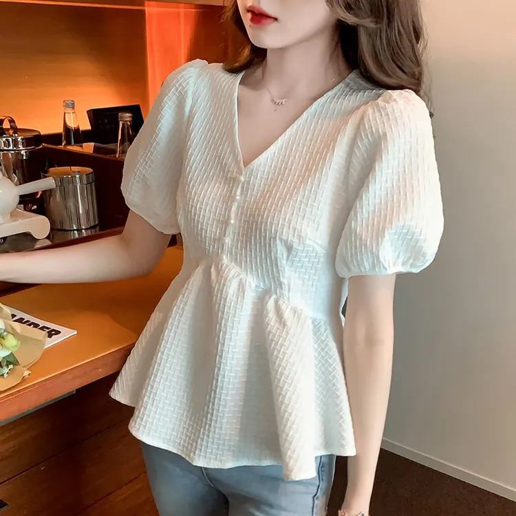 雪纺显瘦女夏装2025新款漂亮小衫收腰洋气时尚减龄遮肚子短袖上衣