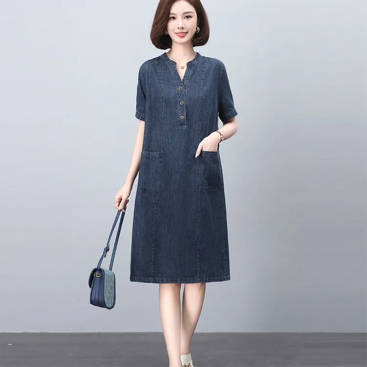 薄款短袖牛仔连衣裙女夏2025新款小个子妈妈宽松显瘦遮肚中长裙子