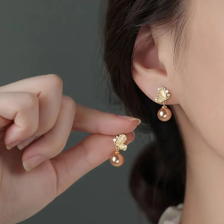 925银仿珍珠耳饰 蝴蝶耳钉女2024新爆款耳环轻奢小众高级精致温柔