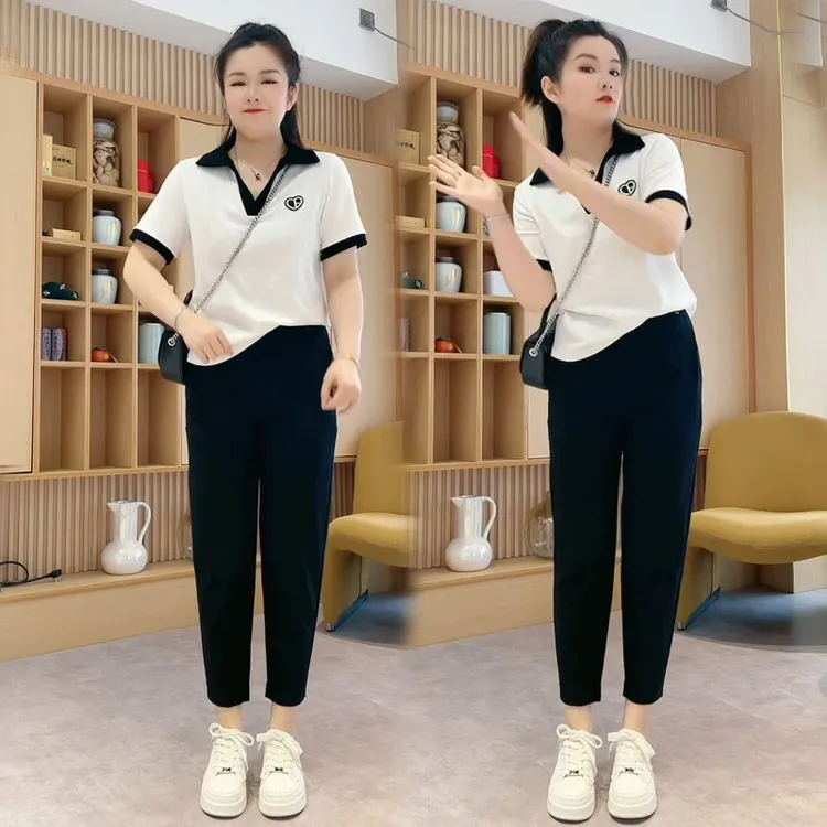 2024夏季大码胖mm宽松遮肉拼色短袖翻领上衣黑色九分裤两件套装女