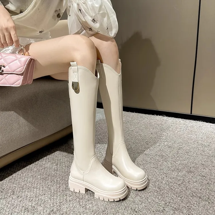 V口骑士靴高筒不过膝靴子2025新款大筒围粗跟长靴高跟厚底长筒靴