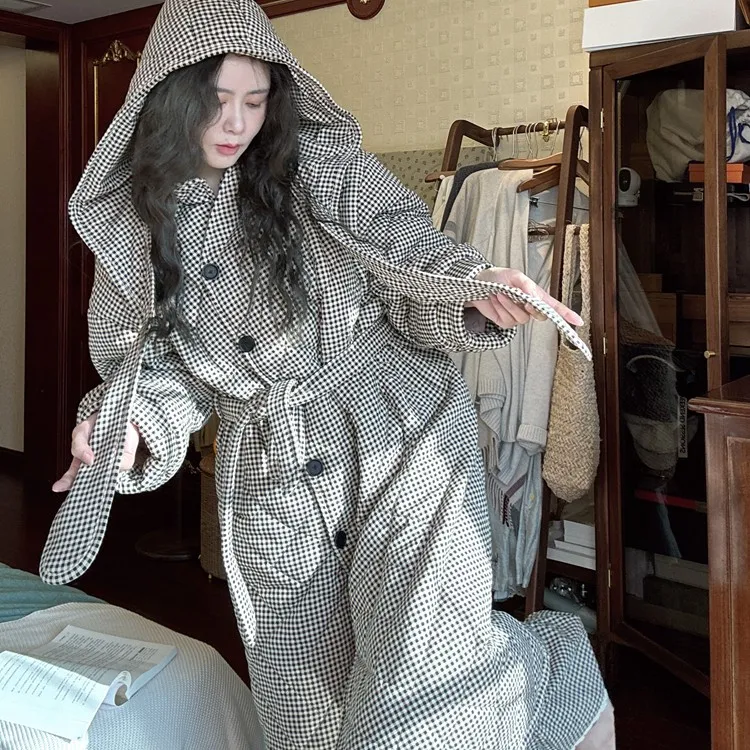 秋冬梭织纯棉夹棉加厚睡衣女格子可外穿中长款加绒睡袍浴袍家居服