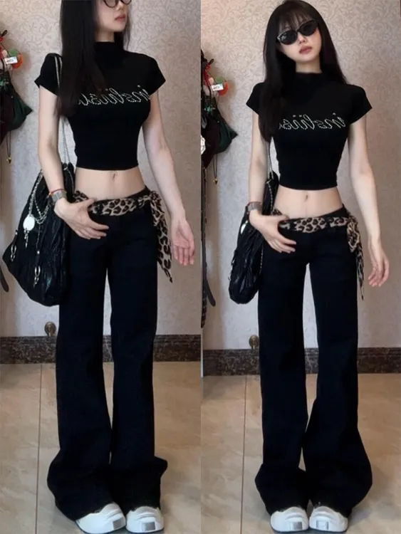 美式黑色低腰微喇牛仔裤女夏季2025新款修身显瘦百搭直筒喇叭裤子