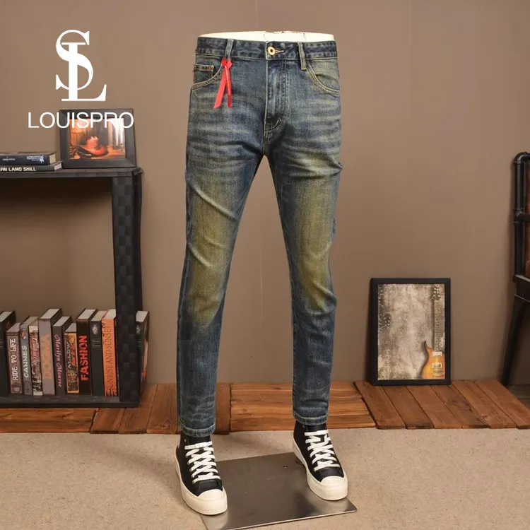 Louispro秋冬款复古牛仔裤新款男潮牌高端弹力修身水洗做旧休闲