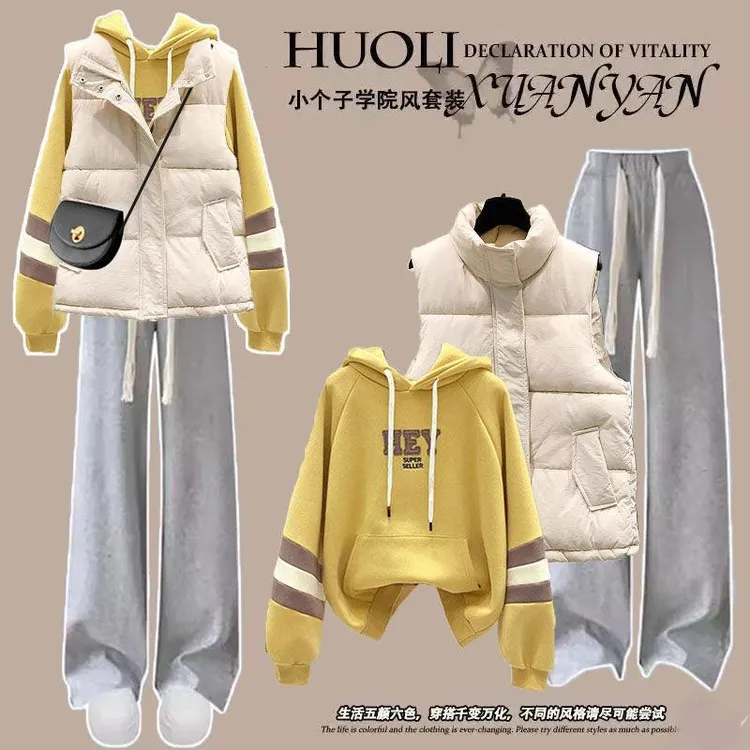 休闲运动初中学生三件套装秋冬韩版时尚马甲外套加绒卫衣运动裤