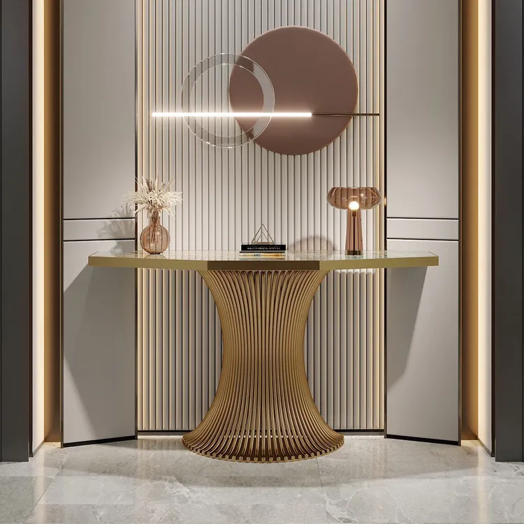 亚玛逊绿玄关桌子靠墙别墅入户不锈钢轻奢玄关台岩板玄关柜端景台