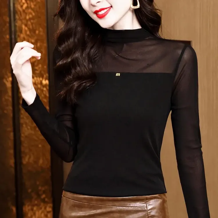 【专柜品质】2025秋冬新款中领打底修身显瘦百搭网纱中高领上衣女