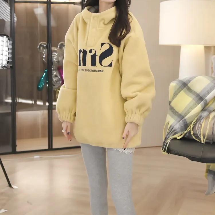 2025年冬季新款时尚百搭慵懒风字母连帽加绒加厚卫衣女中长款潮流