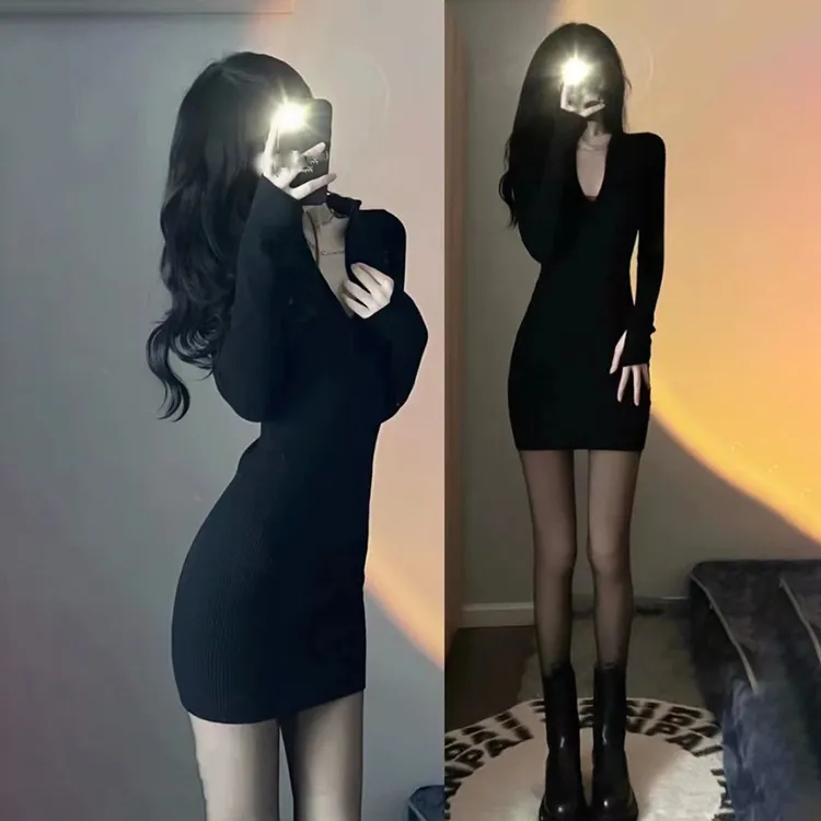 【后妈裙】春秋季小黑裙赫本风女夏气质针织拉链弹力修身包臀连衣裙
