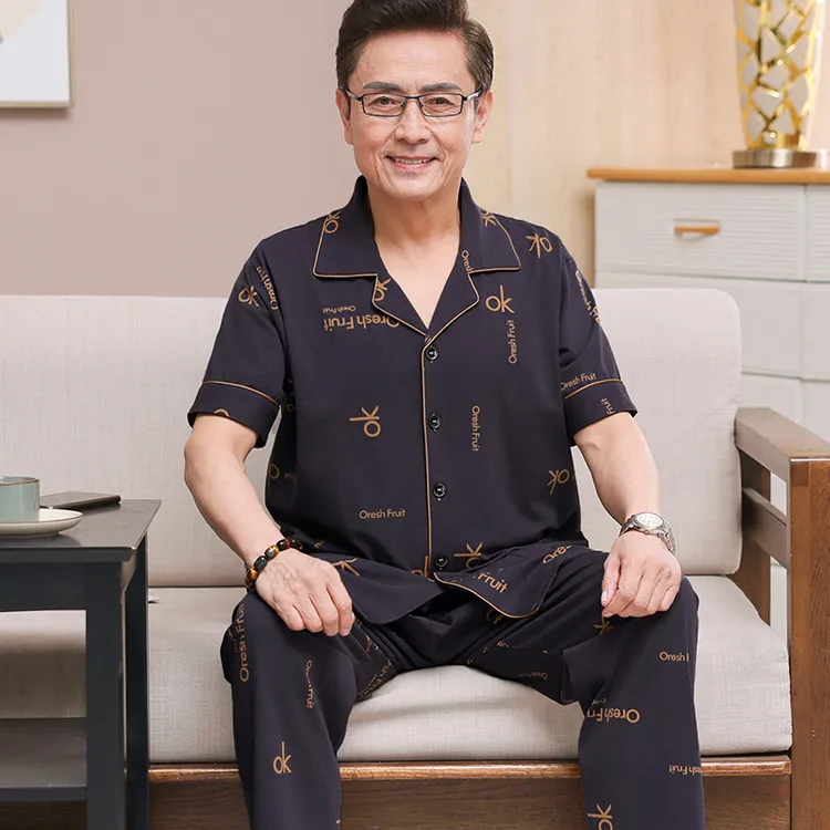 高档爸爸睡衣男士夏季纯棉短袖长裤家居服中老年爷爷公公时尚套装