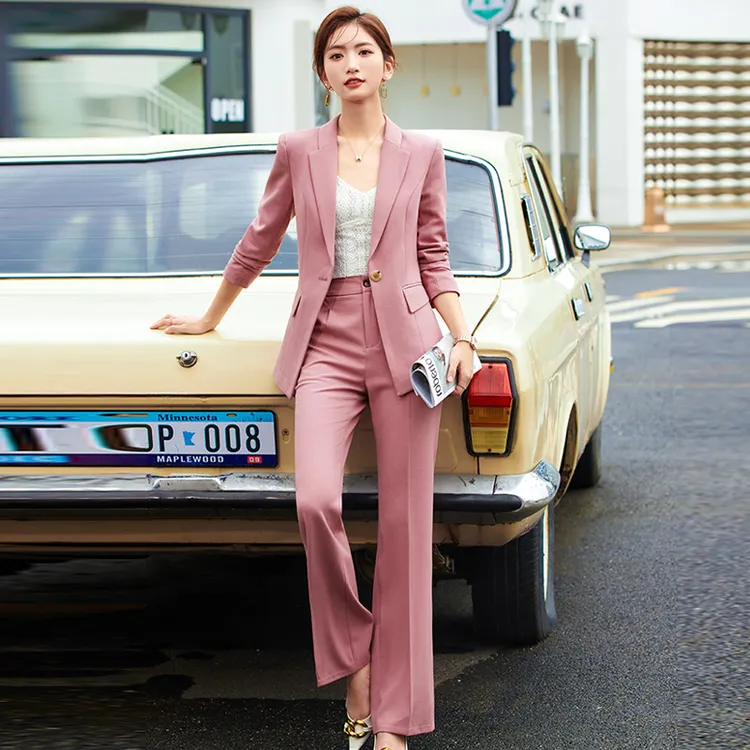 粉色小西装套装女春秋讲师导购团队美容院工装职业正装气质工作服