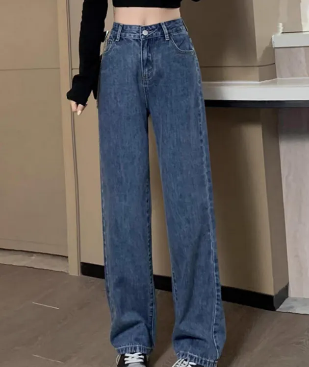 新韩国加长直筒牛仔裤无弹