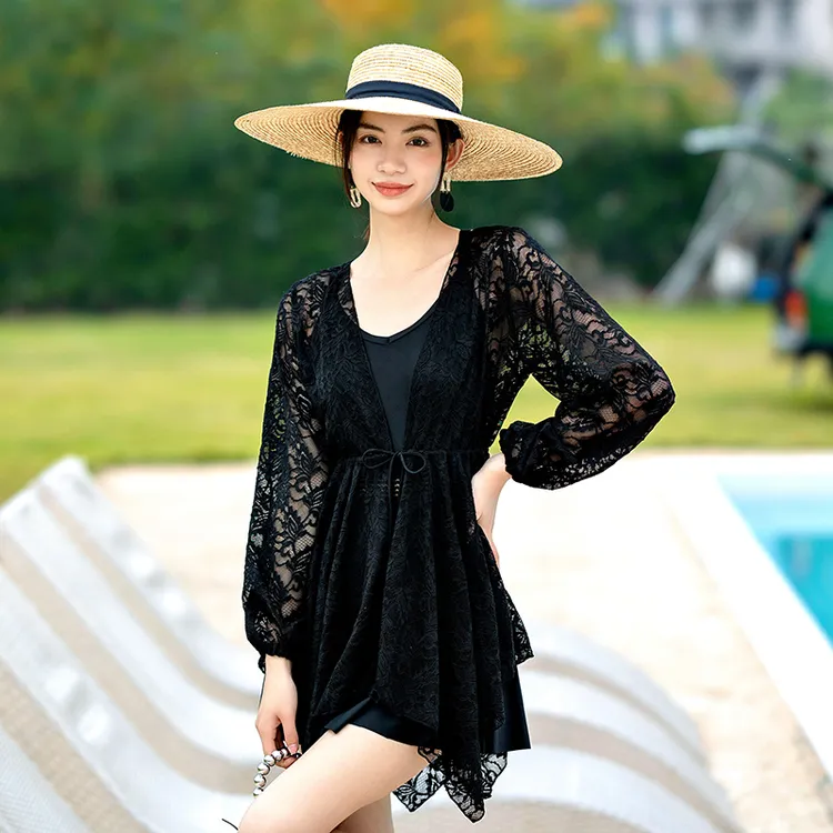 【汐歌儿】无钢托有胸垫白色泳衣女士长袖两件套洋气遮肚保守ins风